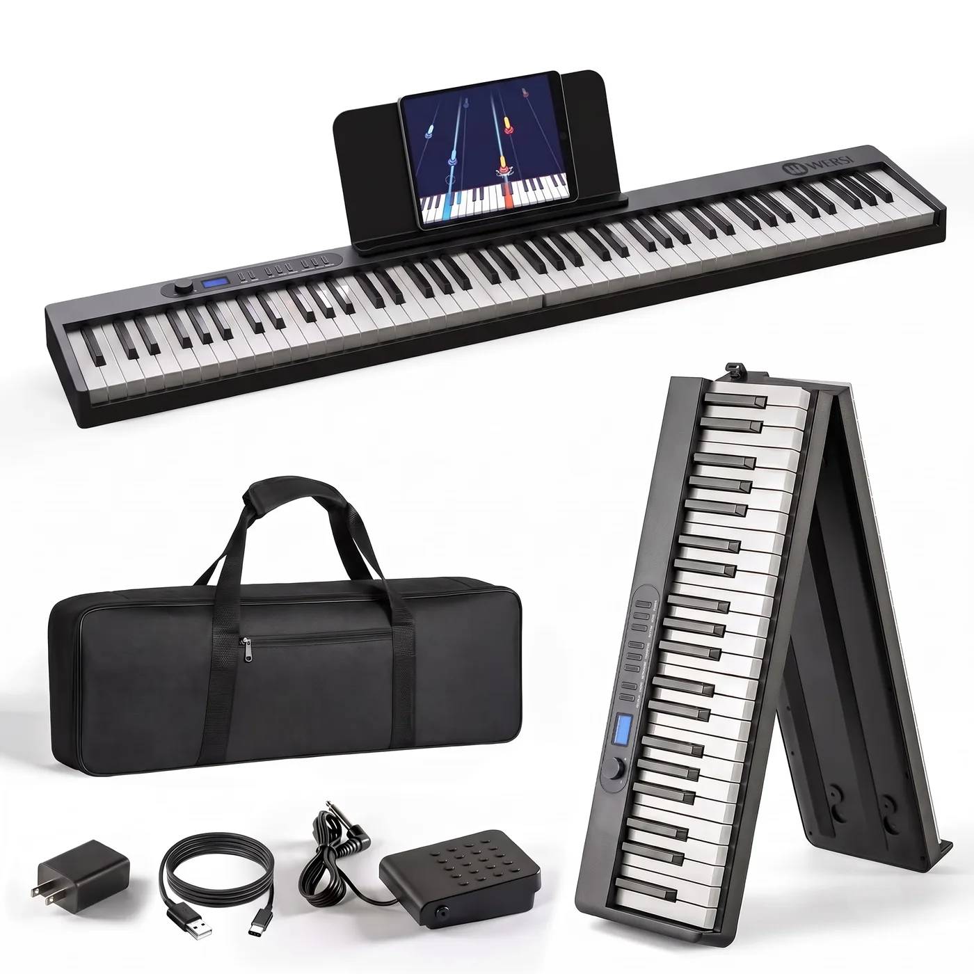 Wersi FP30 PRO unfolded and folded, with carry bag, adapter, USB cable and sustain pedal